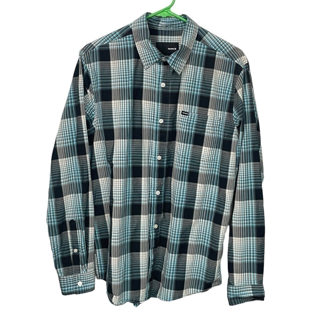 Hurley Black Blue Plaid Long Sleeve Button Down Shirt Medium